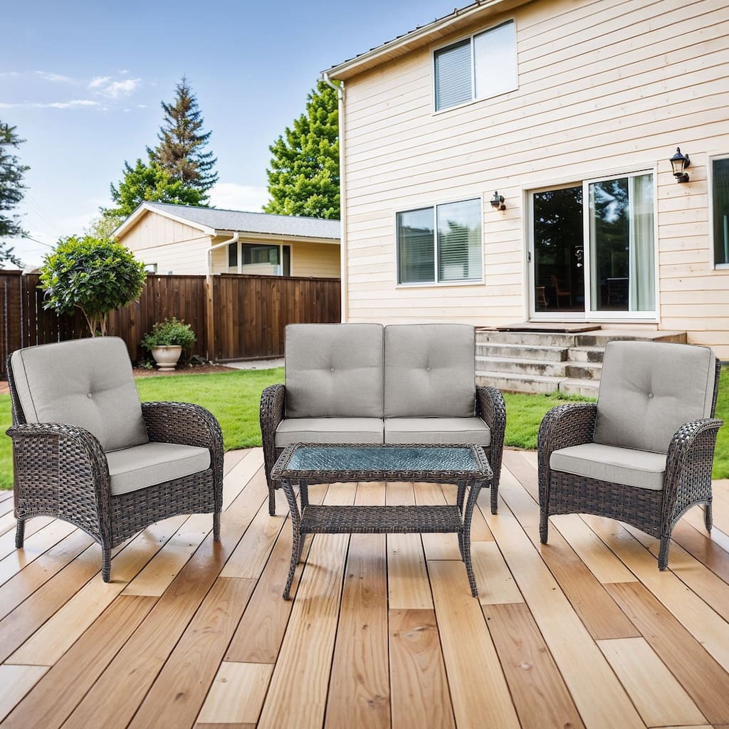 Patio Wicker Chair with Loveseat Table - Beige - Brown