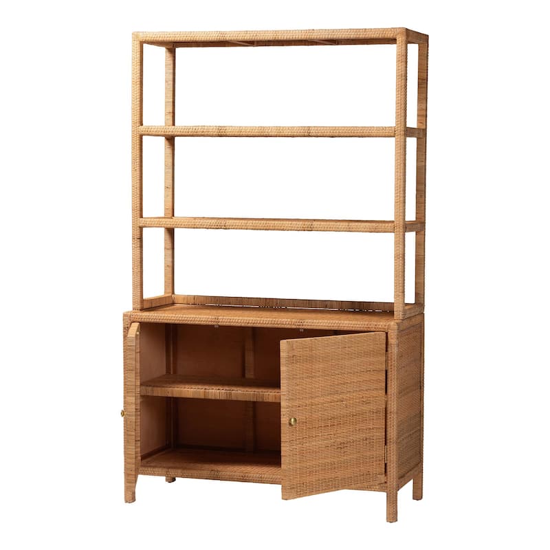 Mortis Natural Rattan Display Shelf with 2-Door Storage Cabinet - Coastal Boho Wicker Bookcase or Hutch for Living Room