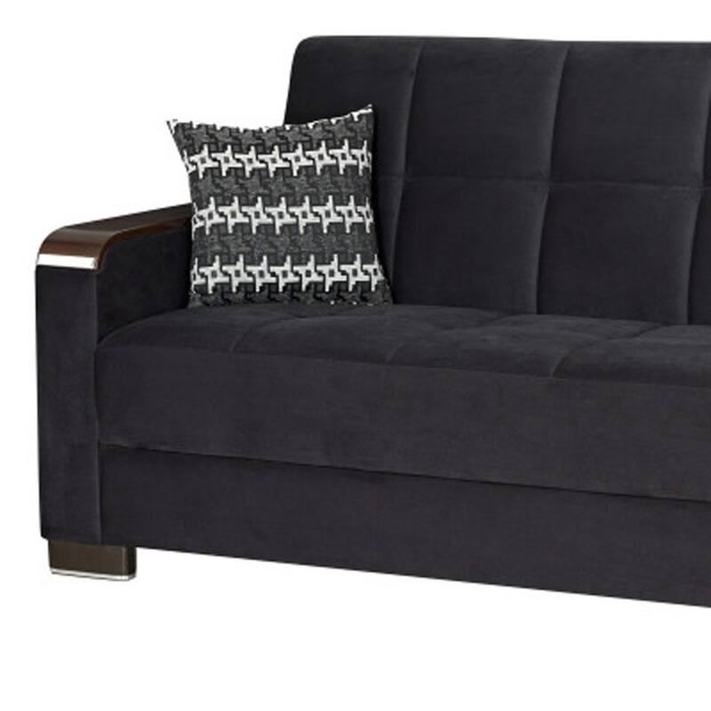 HomeRoots 87" Black Microfiber Convertible Futon Sleeper Sofa And Toss Pillows With Storage