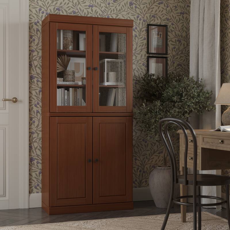 Palace Imports Solid Wood 6-Shelf Bookcase, Raised Panel Clear Glass Doors, Adjustable Shelves