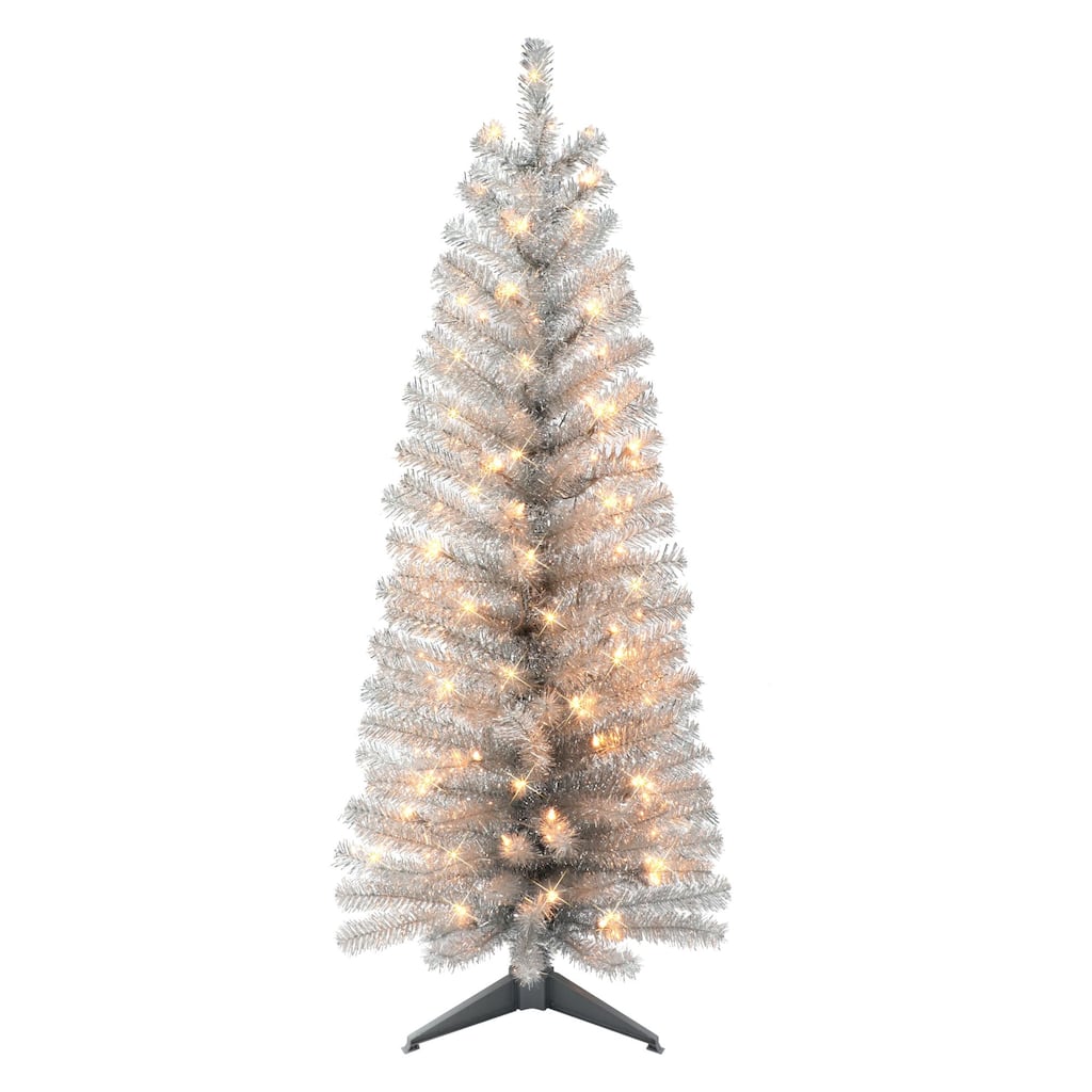 4.5' Pre-lit Silver Tinsel Slim Artificial Christmas Tree, Clear Lights - 4.5 Foot