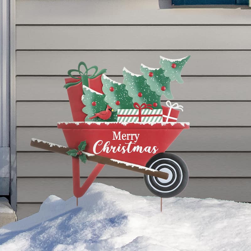Glitzhome 30"H Metal Merry Christmas Wagon Yard Stake Wall Decor