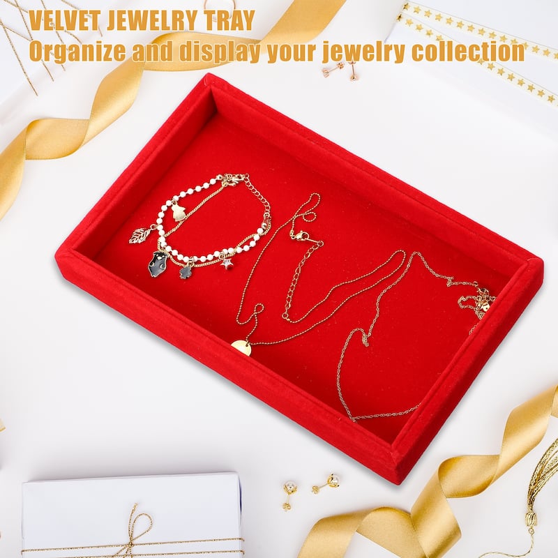 Velvet Jewelry Tray Stackable Tray for Rings Earrings Necklace Bracelet - Red
