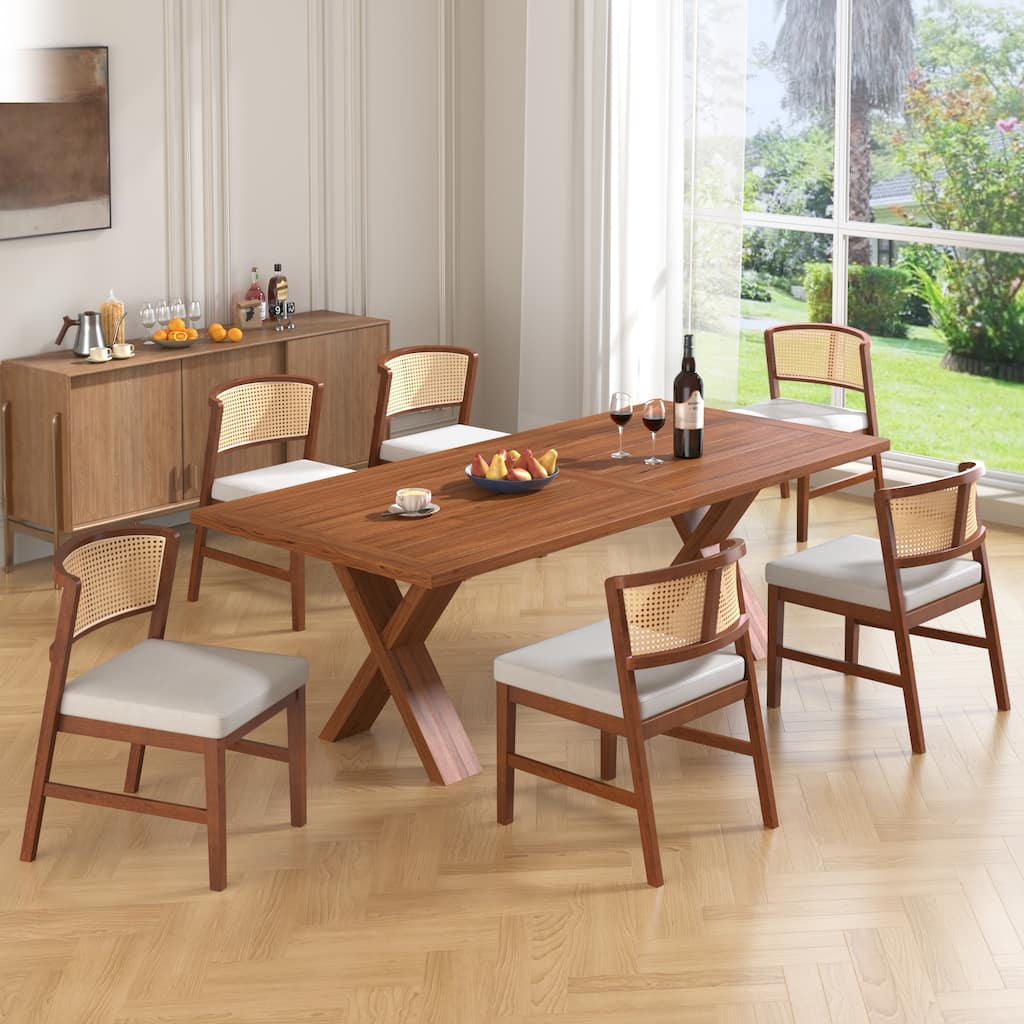 Rattan Dining Chairs Set of 2, Fabric Upholstered Kitchen Side Chair, Curved Rattan Back