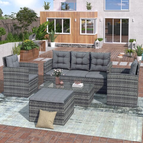 5-piece Outdoor Patio Sofa Set with Storage Bench and Glass Table