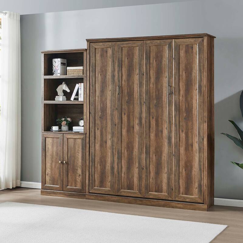 Queen Size Murphy Wall Bed with 1 Side Cabinet Storage Shelf