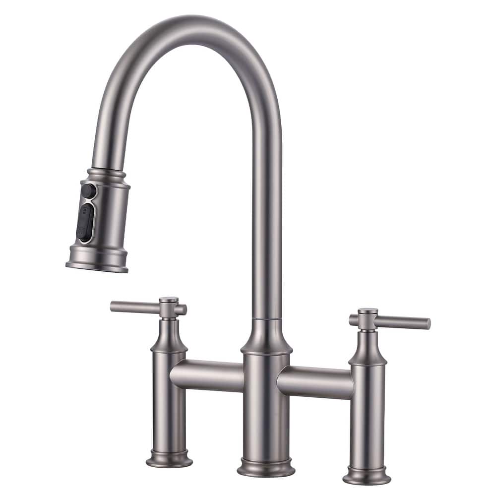 WOWOW Double Handle Pull Down Sprayer Bridge Kitchen Faucet