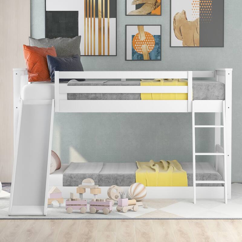Convertible Twin Bunk Bed with Slide and Ladder, White