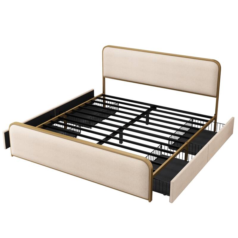Modern Metal Bed Frame with Curved Upholstered Headboard and Footboard Bed with Under Bed Storage