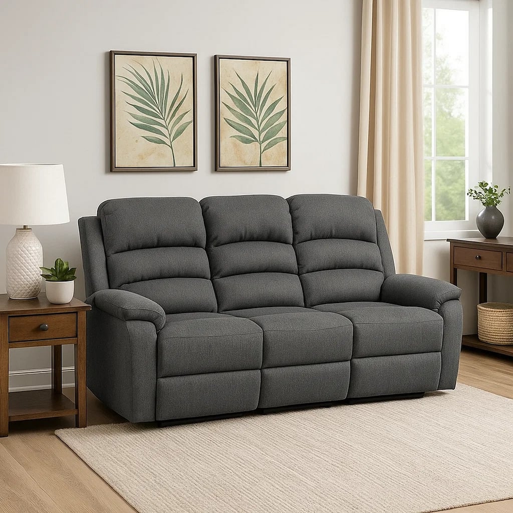 Fery 74 Inch Manual Recliner Sofa, 3 Seater, Gray Burlap Upholstery, Wood