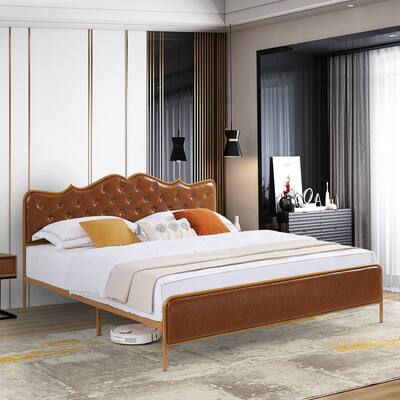 King-Size Upholstered Platform Bed with Buckle Shaped Headboard