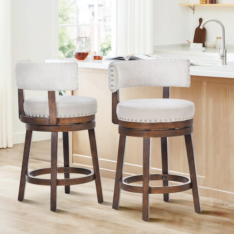 Modern Velvet Swivel Bar Stool - 25" or 30" Counter Height with Adjustable Footrest & Walnut Base, for Kitchen Islands
