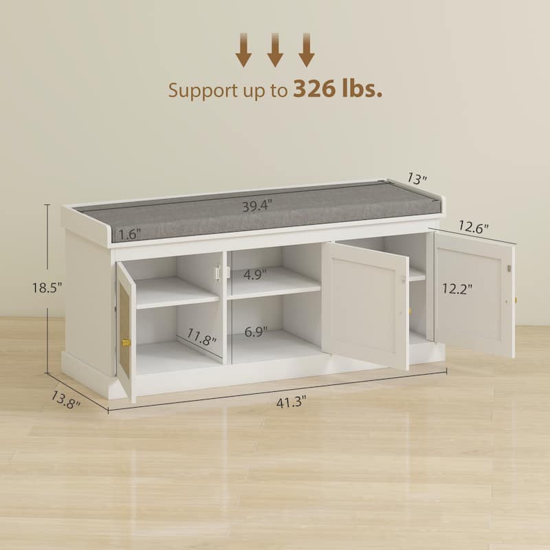 HOMCOM Shoe Bench with Woven Rattan Doors, Shoe Storage Bench with Cushion, Adjustable Shelves, Boho Style Entryway Bench