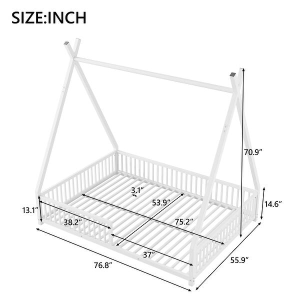 dimension image slide 1 of 5, Full Size Metal House Platform Bed with Triangle Structure and Guardrail