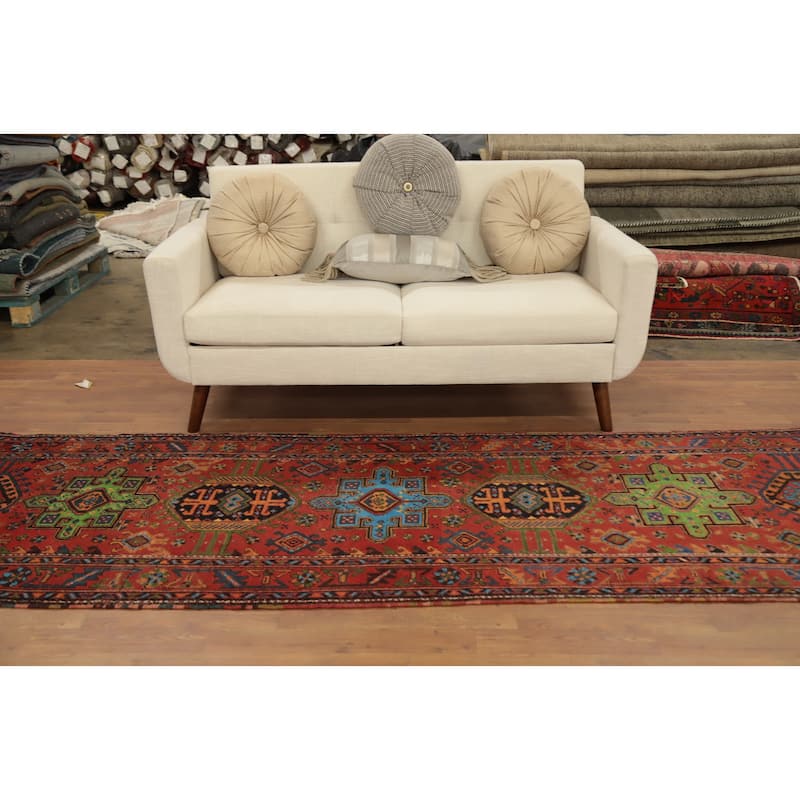 Hand Knotted Oriental 100% Wool Carpet Traditional Geometric Oranges & Rust Heriz Runner Rug - 10' 1'' X 3' 2''