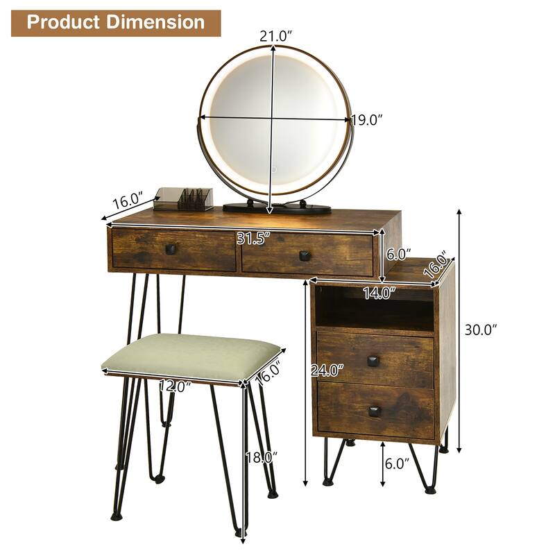 Costway Vanity Table Stool Set Dimmer LED Mirror Large Storage Cabinet - See details