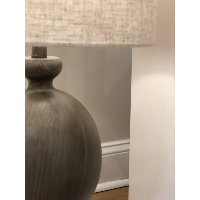 30-Inch Set of 2 Brown Geometric Table Lamps with Beige Cotton Drum Shade and Polyresin Base - 30”H x 6.25”W x 6.25”D