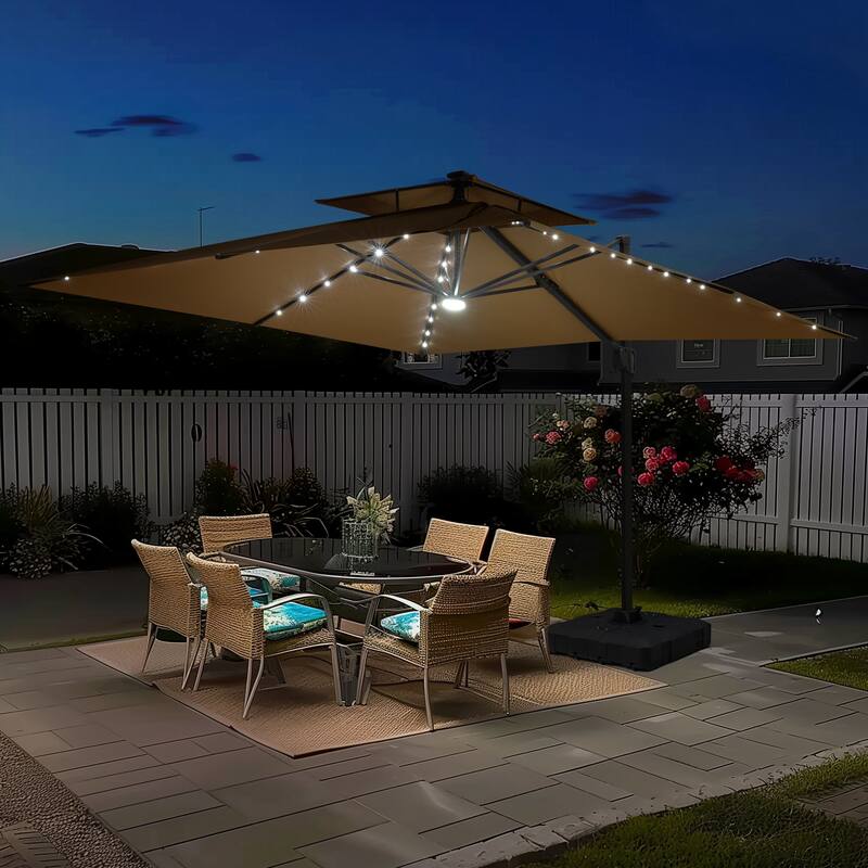 11FT Patio Cantilever Umbrella with LED Lights Double Vented Umbrella with Weighted Base