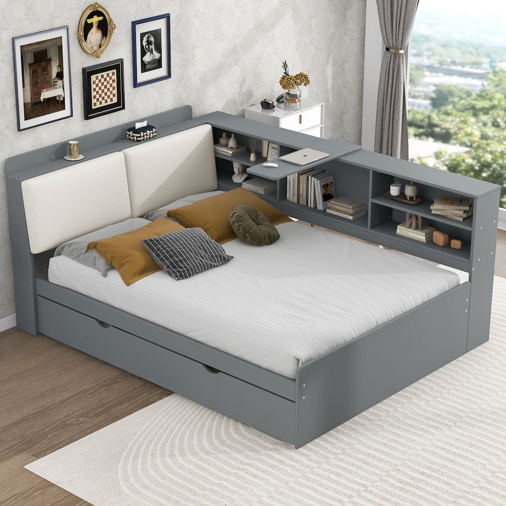 Wood Platform Bed L-shaped Daybed with Storage Headboard, Side Storage Shelves, Rotatable Storage Board for Small Living Spaces