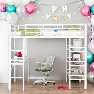 Full Loft Metal Bed with 3 Layers of Shelves and Desk,Maximized Space,White