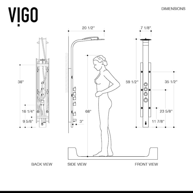 VIGO Mateo 60" H x 7" W 6-Jet Shower Panel with Fixed Rainhead in Stainless Steel
