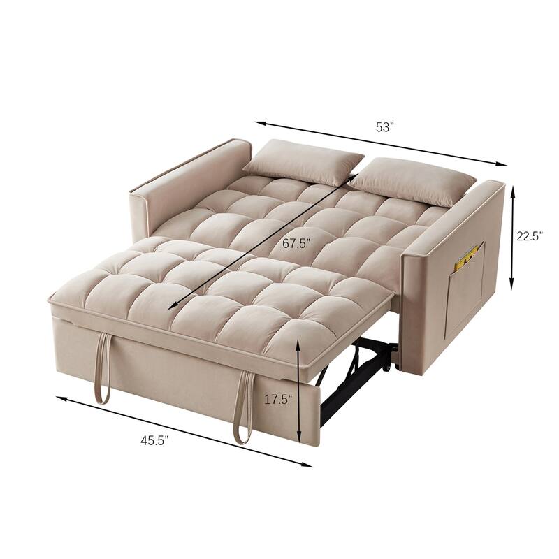 4 in1 Tufted Pull-out Sofa Bed with Backrest, Pillows, Storage Pockets