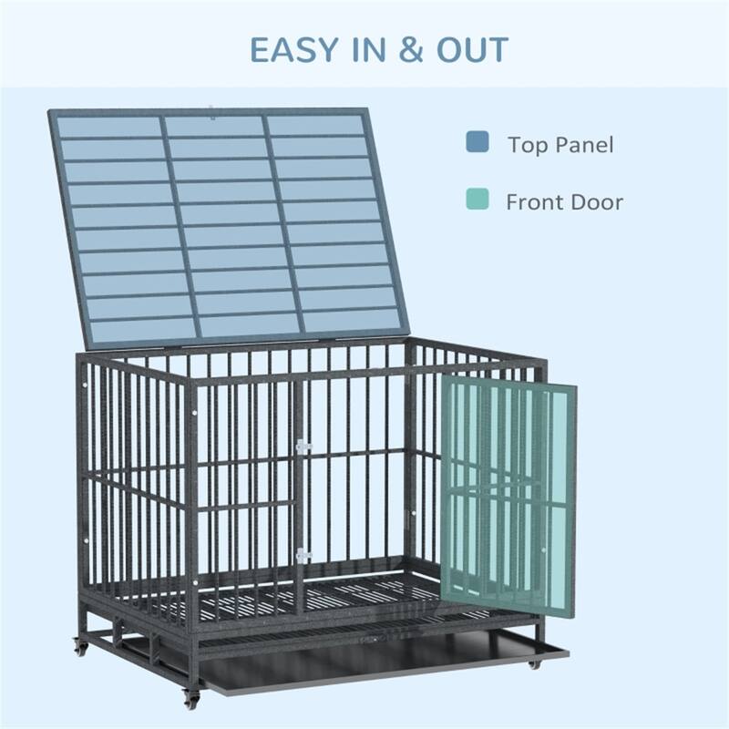 Grey Dog Cage with Secure Welded Frame Slide-Out Tray Front and Top Doors and Rolling Wheels