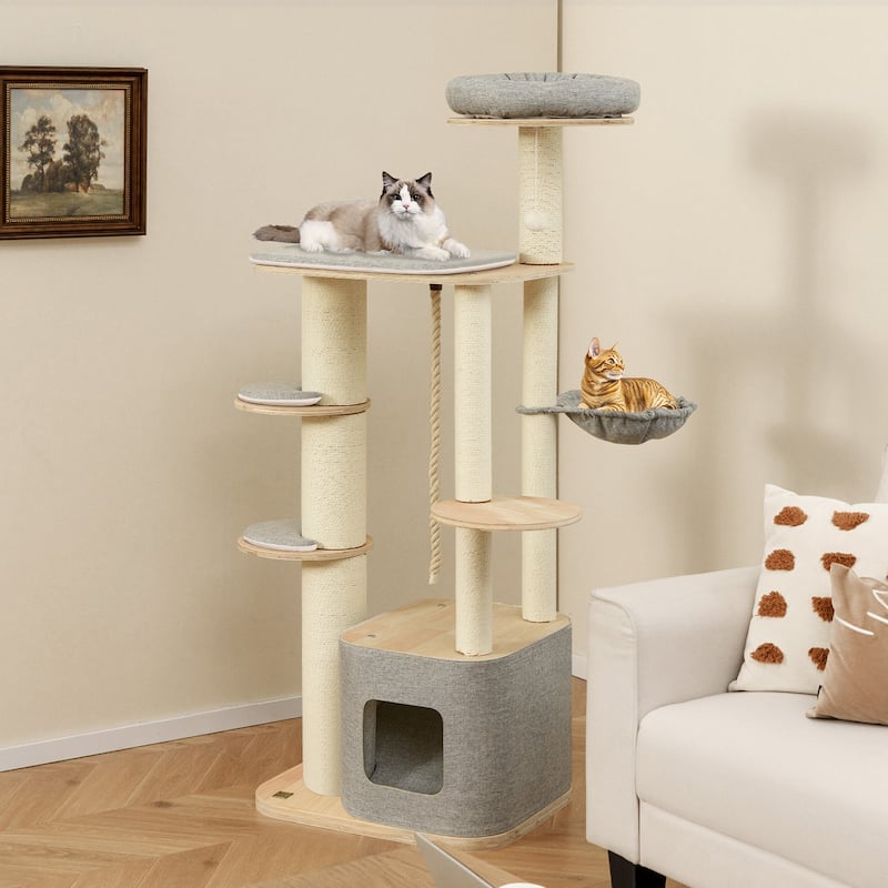 Modern 63-Inch Cat Tree with Perch, Condo, and Hammock, Ideal for Indoor Cats - 24" x 20" x 63" - Natural-Grey