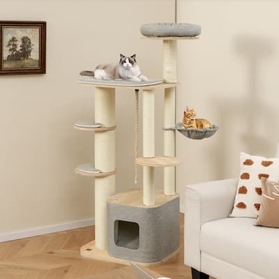Modern 63-Inch Cat Tree with Perch, Condo, and Hammock, Ideal for Indoor Cats - 24" x 20" x 63"