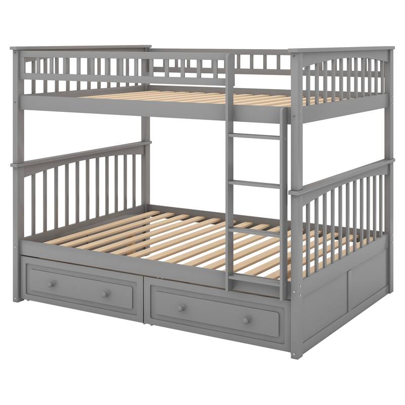 Convertible Full Over Full Bunk Bed with Drawers, Gray, Pine Wood and MDF Construction