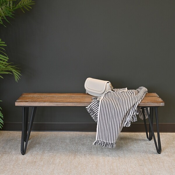 Aryven Industrial Bedroom Bench with Rustic Dark Pine Finish and Hairpin Legs Comfortable Seating for Bedroom and End of Bed Brown