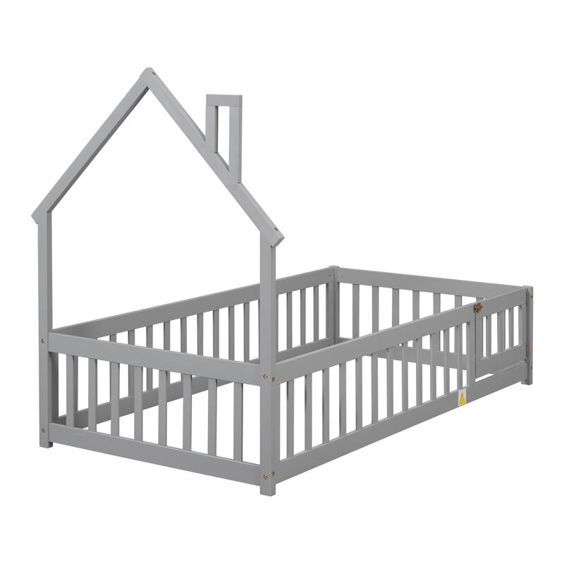 Twin House-Shaped Headboard Floor Bed with Fence, Fun & Safe Kids Bed