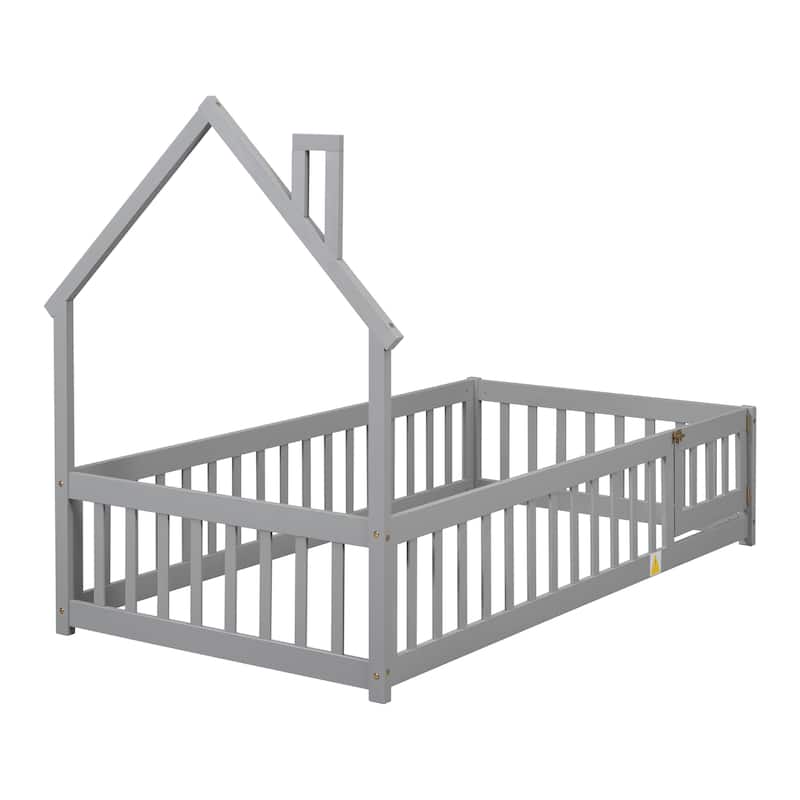 Twin Size Pine Wood House-Shaped Headboard Floor Bed with Fence