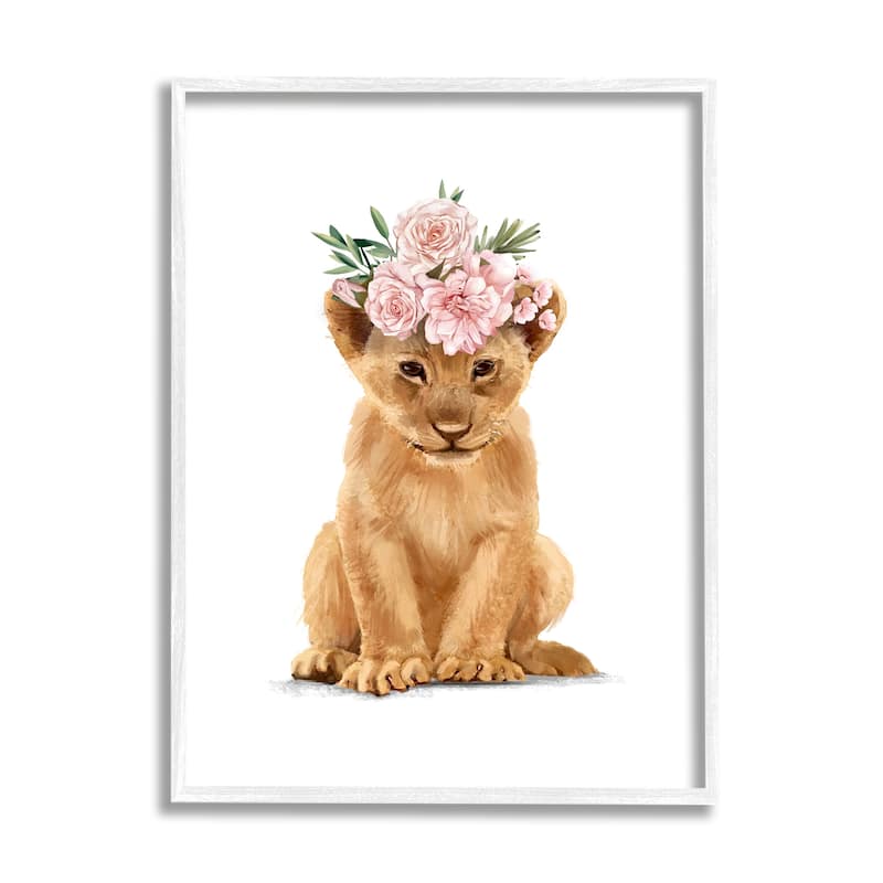 Stupell Boho Rose Floral Crown Lion Cub Safari Animal Framed Wall Art - 24 x 30 - White