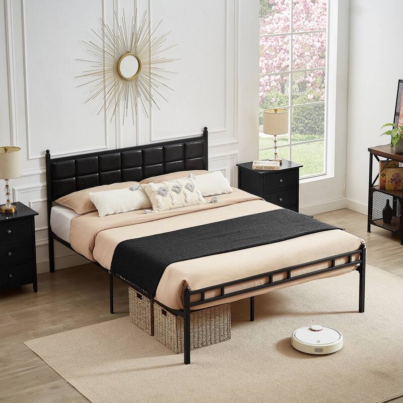Javlergo Metal Platform Bed Frame with Faux Leather Headboard, Twin/Full/Queen, No Box Spring Needed