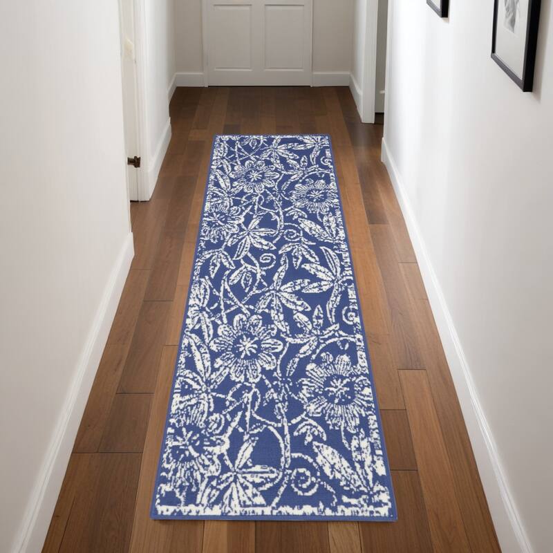 Joqoh Power Loomed Distressed Abstract Floral Traditional Non Skid Stain Resistant Area Rug By HomeRoots - 96' X '24' X '0.39 - 96' X '24' X '0.39 - Oxford Blue - Runner