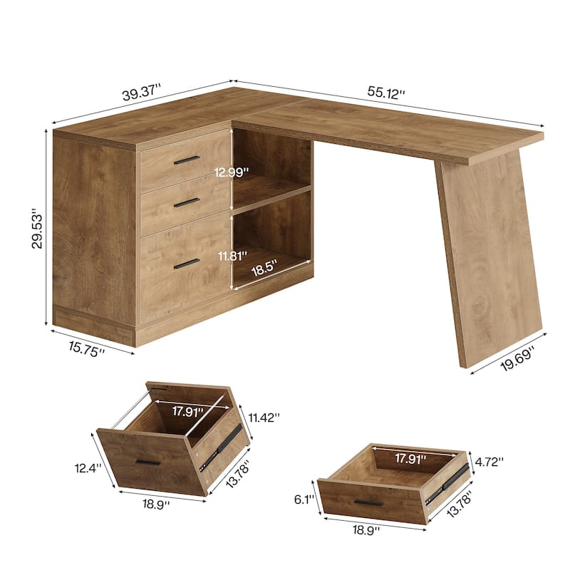 Industrial L-Shaped Computer Desk with File Cabinet for Home Office