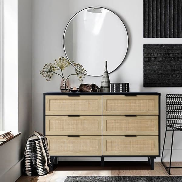 LuxenHome Black and Brown Wood 6-Drawer Rattan Dresser