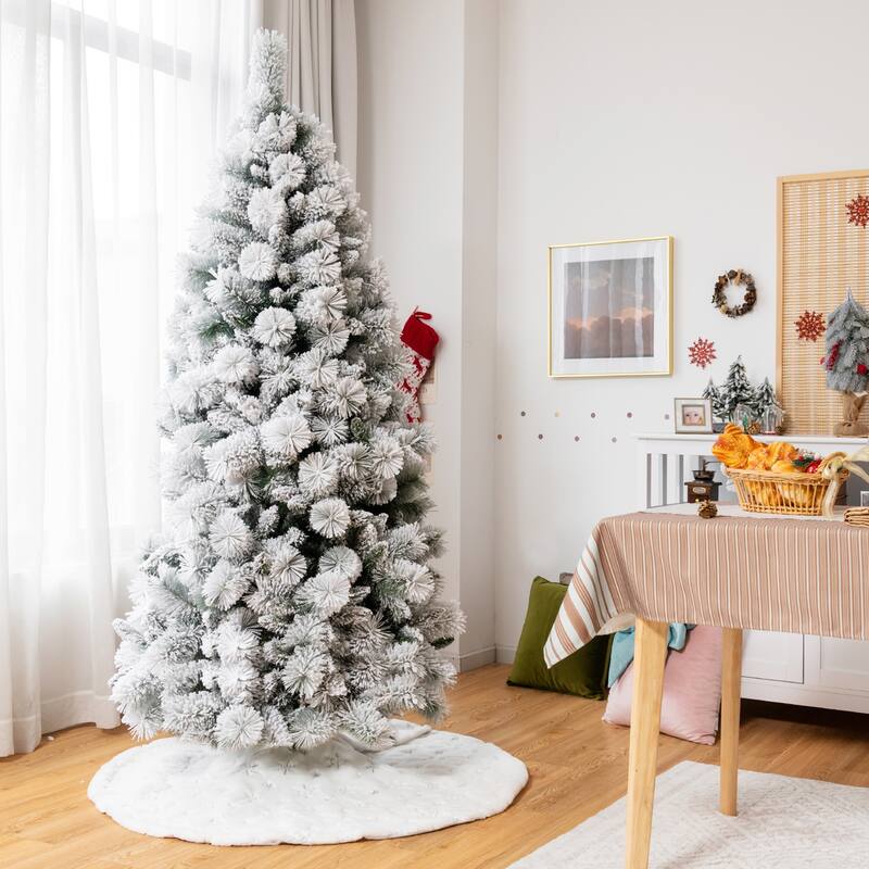 Gymax 5/6/7 FT Artificial Hinged Christmas Tree Snow-Flocked Xmas Tree - See Details - 7 Foot