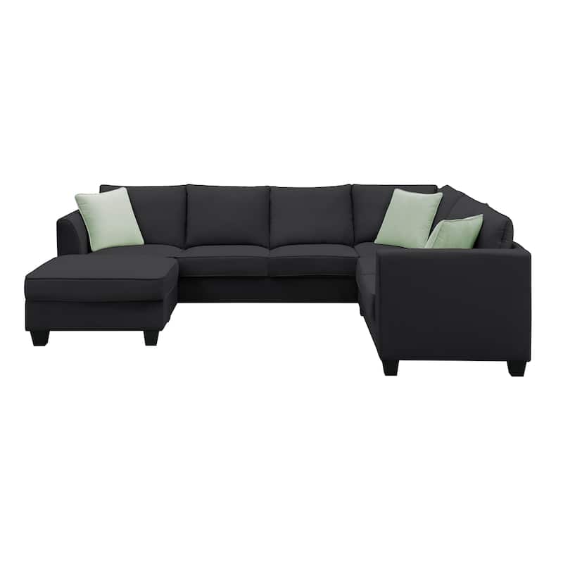 112'' Spacious L-Shaped 7 Seat Modular Sectional Sofa with Ottoman, 3 Pillows, Sturdy Wood and Iron Frame
