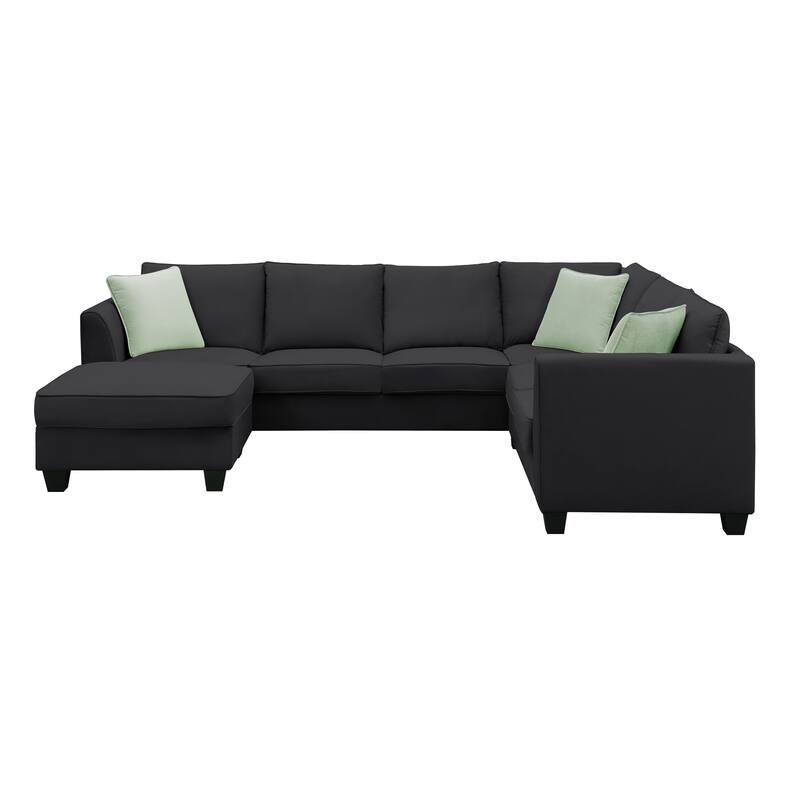 Black 112'' Spacious L-Shaped 7-Seat Modular Sectional Sofa with Ottoman and 3 Pillows, Durable Wood and Iron Frame