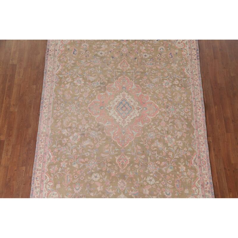 Hand Knotted Oriental 100% Wool Carpet Traditional Floral Green Mashad Area Rug - 9' 7'' X 6' 0''