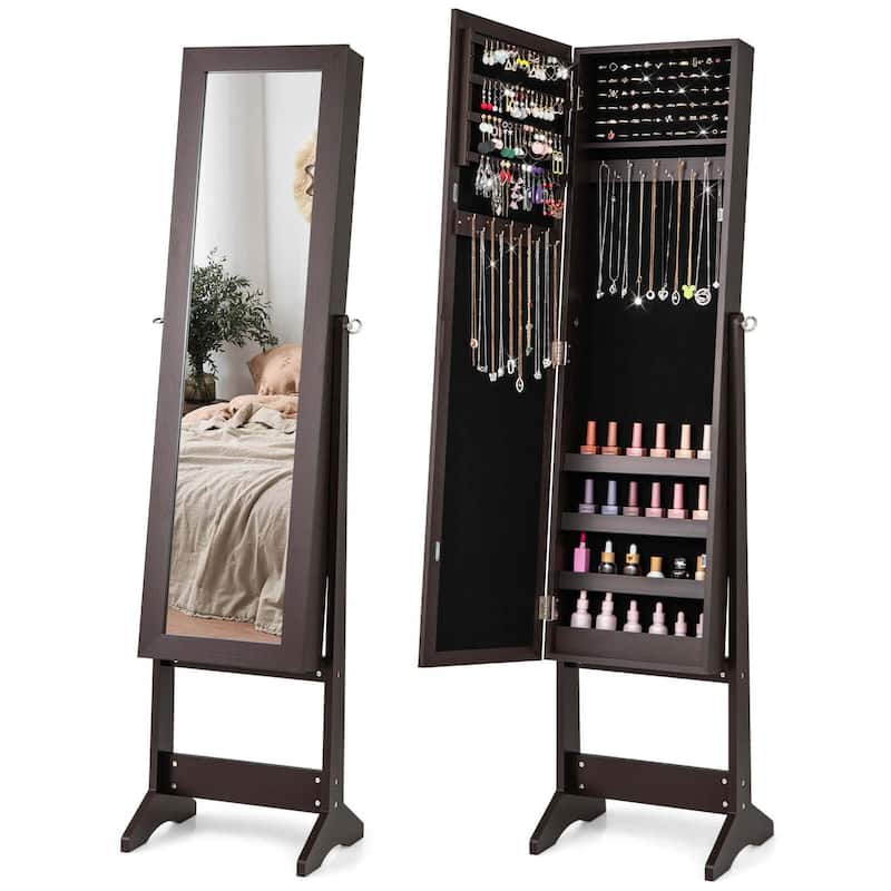 Jewelry Armoire Cabinet with Full-length Mirror Standing - Coffee