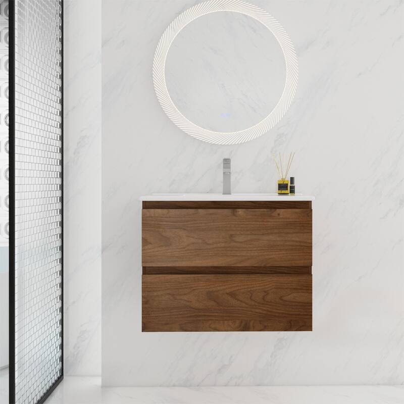 BNK 24"/30"/36'' Single Sink Bathroom Vanity with Two Soft Close Drawers - 30''W×18.3''D×20.5''H - Brown Oak