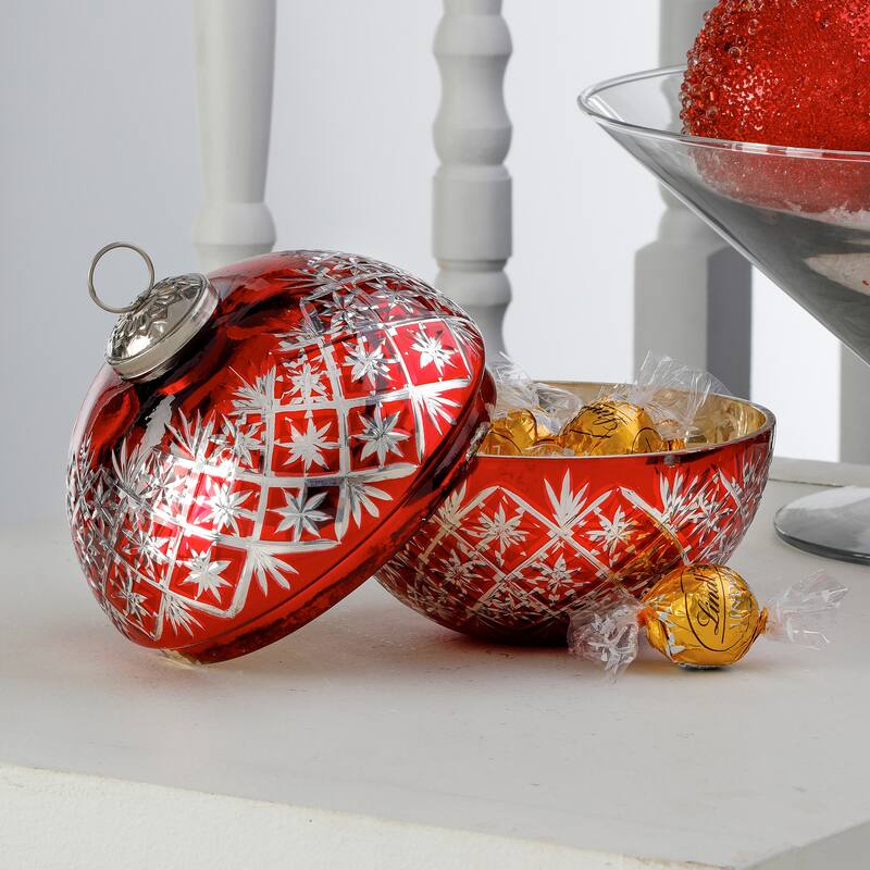 5" Etched Glass Ornament Candy Dish With Lid
