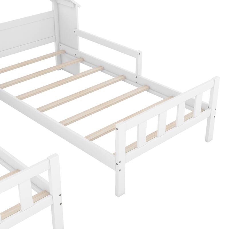Twin Size Platform Bed with House-Shaped Headboard, Built-in Nightstand, and Guardrails