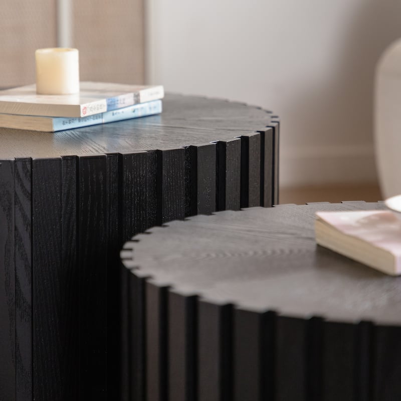 Coffee Table Nesting End Table Set of 2, Modern Black Fluted Coffee Table, Wood Side Table, Circle Accent Tables