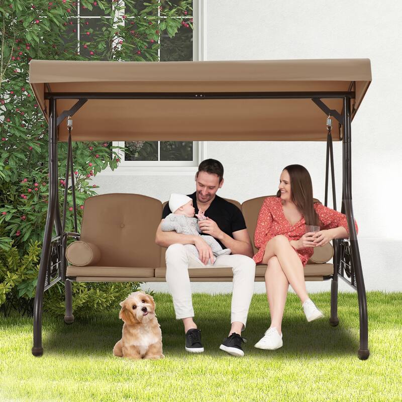 3-Seat Outdoor Porch Swing with Adjustable Canopy & Stand, Convertible Bed, All-Weather, Thickened Cushions & Cup Holders