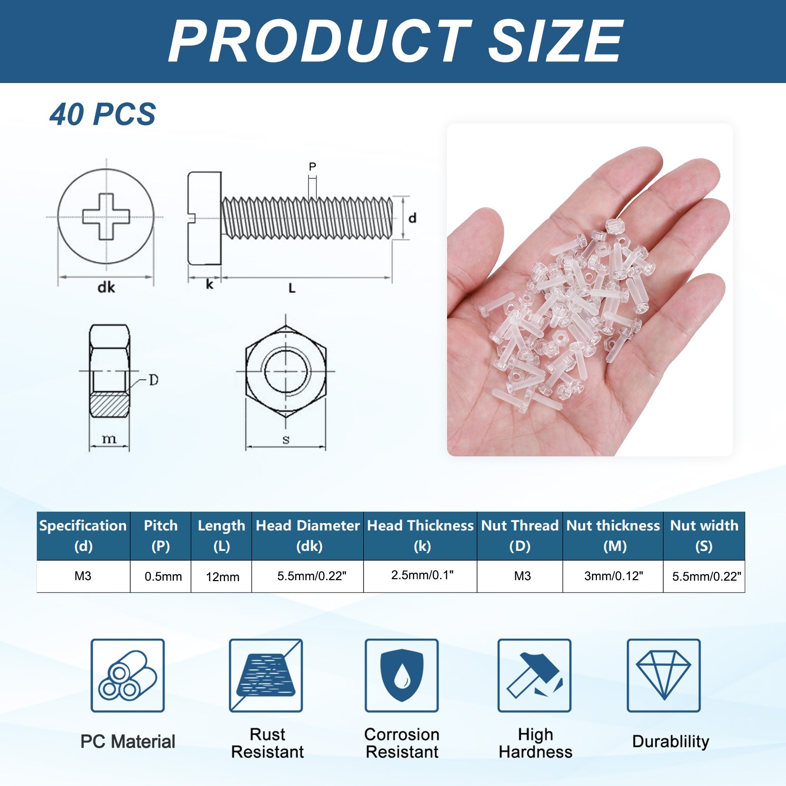 Clear PC Plastic Self-tapping Screw and Hex Nuts Kit, Phillips Round Head Bolts for Machine Accessories, Transparent