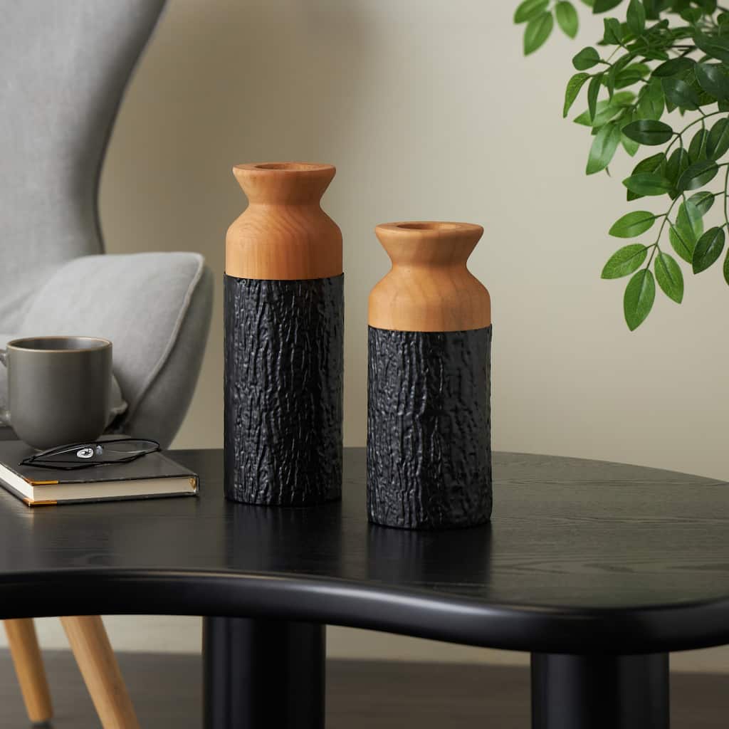 Black Metal Abstract Textured Color Block Decorative Vase with Brown Wood Tops (Set of 2)